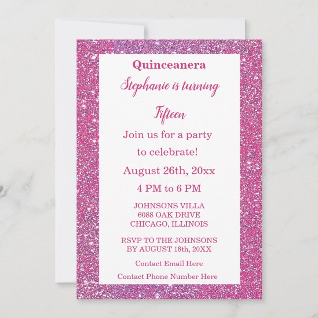 Quinceanera Pink Rose Gold Glitzer 15. Geburtstag Einladung (Vorderseite)