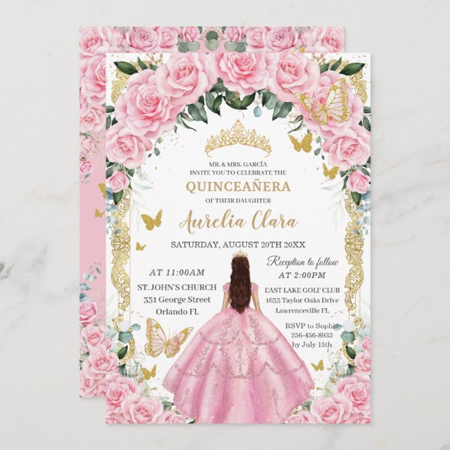 Quinceañera Pink Roses Floral Girl Vintag Einladung (Vorne/Hinten)