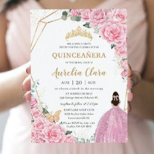 Quinceañera Pink Roses Floral Gold Prinzessin Crow Einladung