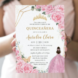 Quinceañera Pink Roses Floral Gold Prinzessin Crow Einladung