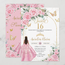 Quinceañera Pink Roses Floral Tan Brown Girl Einladung