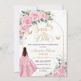 Quinceañera Pink Roses Floral Tan Brown Girl Save The Date