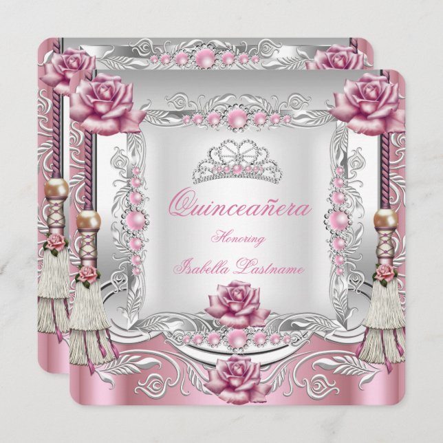 QUINCEANERA Pink Roses Tassels Silver Tiara Einladung (Vorne/Hinten)