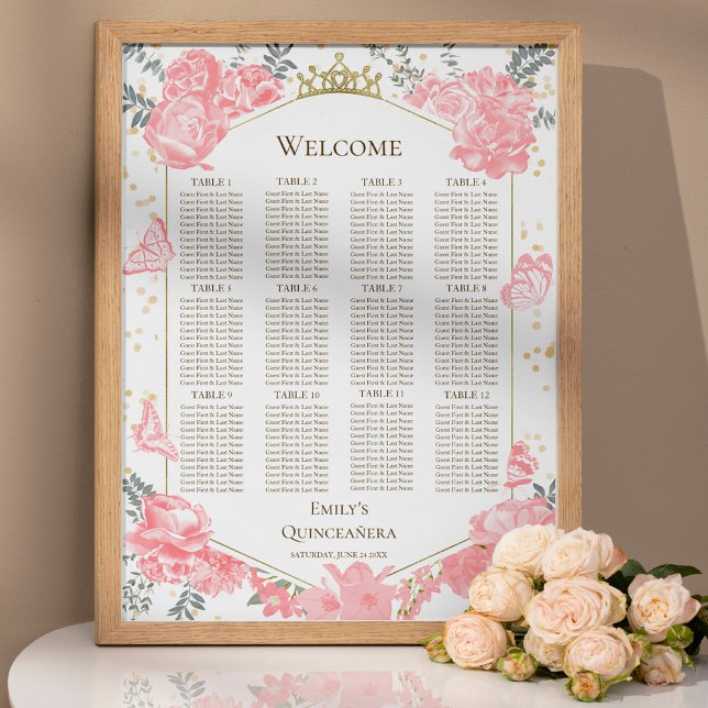 Quinceanera Pink Seating Chart Signieren Schmetter Poster (Von Creator hochgeladen)