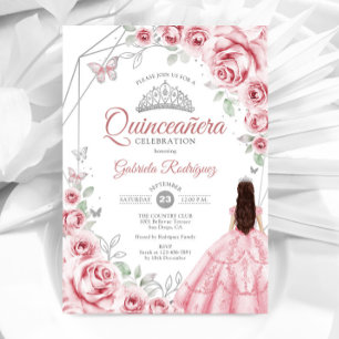 Quinceanera Pink Silver Dress Floral Einladung