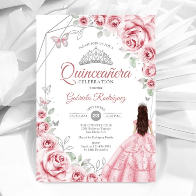 Quinceanera Pink Silver Dress Floral Einladung (Von Creator hochgeladen)