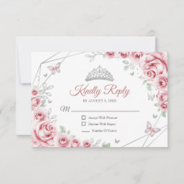 Quinceanera Pink Silver Floral Reply RSVP Karte