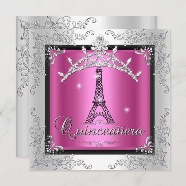Quinceanera Pink Silver Tiara Eiffel Tower Einladung (Vorne/Hinten)