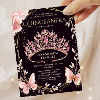 Quinceañera Pink Tiara Floral Butterfly Elegant Einladung