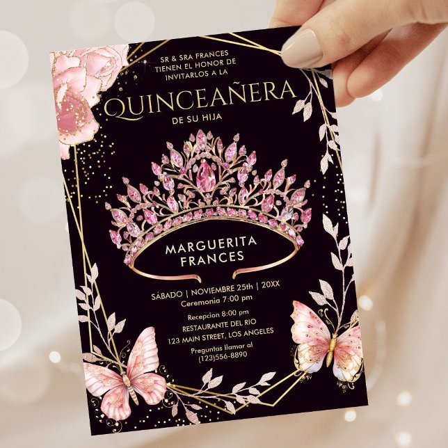 Quinceañera Pink Tiara Floral Butterfly Spanischer Einladung (Von Creator hochgeladen)