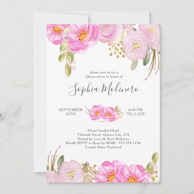 Quinceanera Pink und Gold Aquarell Blüten Einladung (Vorderseite)