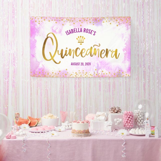 Quinceañera Pink Watercolor Gold-Script willkommen Banner (Party)