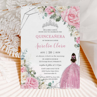 Quinceañera Pink Weiße Flora Silber 16. Geburtstag Einladung