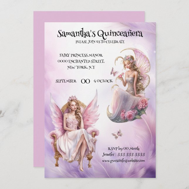 Quinceañera Pink whimsical Feen Mädchen Aquarell Einladung (Vorne/Hinten)