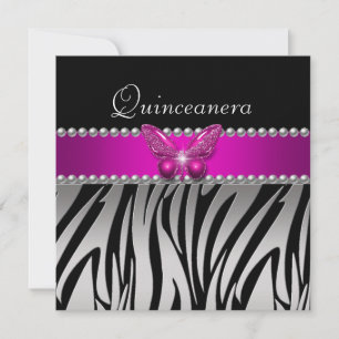 Quinceanera Pink Zebra Silver Black Butterfly Einladung