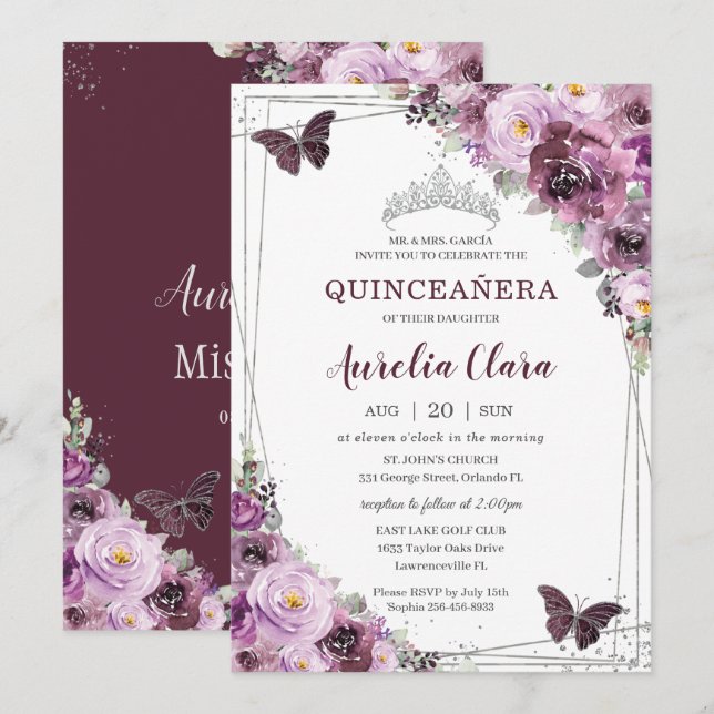 Quinceañera Plum Mauve Floral Butterfliegen Silver Einladung (Vorne/Hinten)