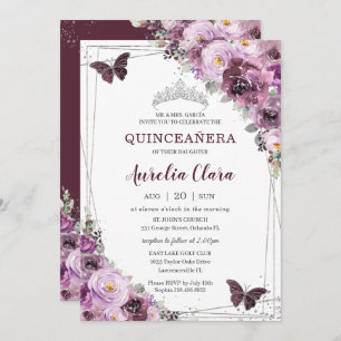 Quinceañera Plum Mauve Floral Butterfliegen Silver Einladung