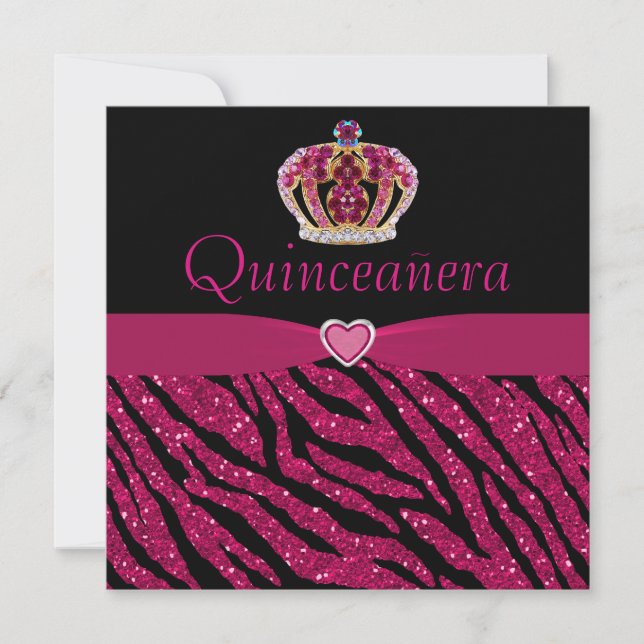 Quinceanera Princess Crown, Heart & Zebra Glitzer Einladung (Vorderseite)