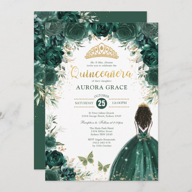 Quinceañera Princess Emerald Green Floral Geburtst Einladung (Vorne/Hinten)