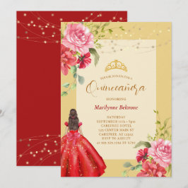 Quinceañera Princess Floral Red Yellow Einladung