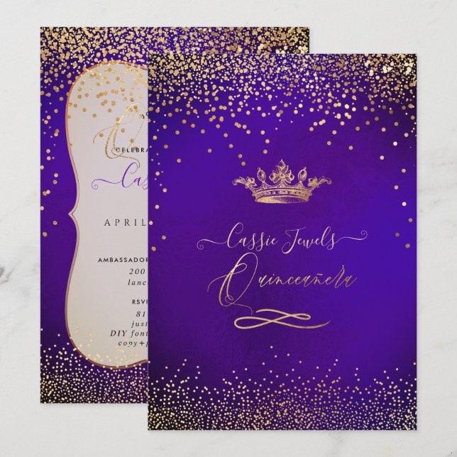 Quinceanera Princess Imitats Gold Confetti Violet Einladung (Vorne/Hinten)