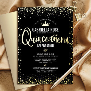 Quinceañera Princess Kronskript Black Real Gold Folieneinladung