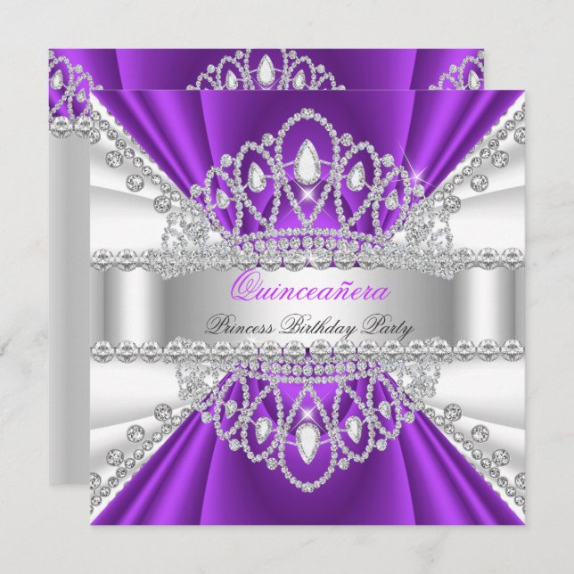 Quinceanera Princess Lila White Diamond Tiara Einladung (Vorne/Hinten)