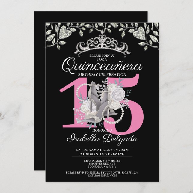 Quinceanera Princess Pink Black 15. Geburtstag Einladung (Vorne/Hinten)