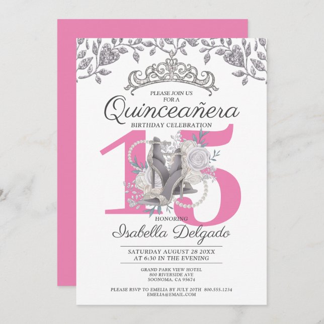 Quinceanera Princess Pink Silver 15. Geburtstag Einladung (Vorne/Hinten)