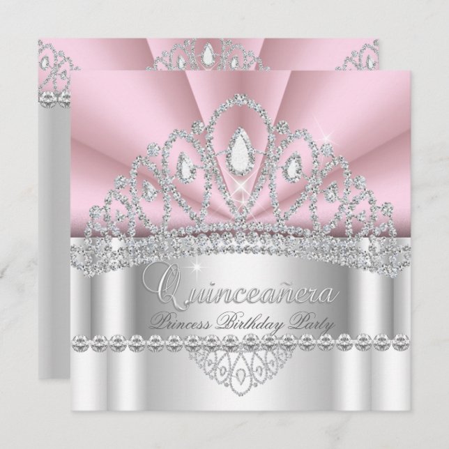 Quinceanera Princess Pink White Diamond Tiara Einladung (Vorne/Hinten)