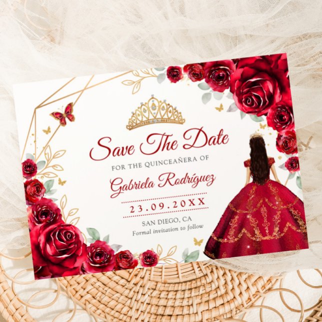 Quinceanera Princess Red Roses Gold Save The Date (Von Creator hochgeladen)