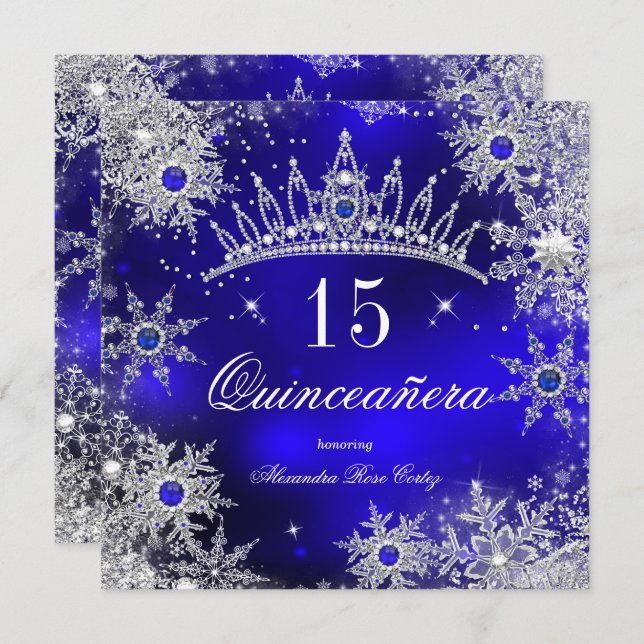 Quinceanera Princess Royal Blue Snowflake Tiara Einladung (Vorne/Hinten)
