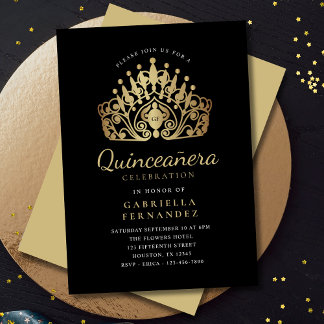 Quinceanera Princess Tiara Crown Black Gold Einladung