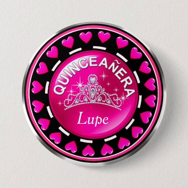 Quinceanera Princess Tiara Liebe Herz | Pink Button (Vorderseite)