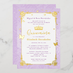 Quinceañera Prinzessin Flieder Purpur Blumen Folieneinladung