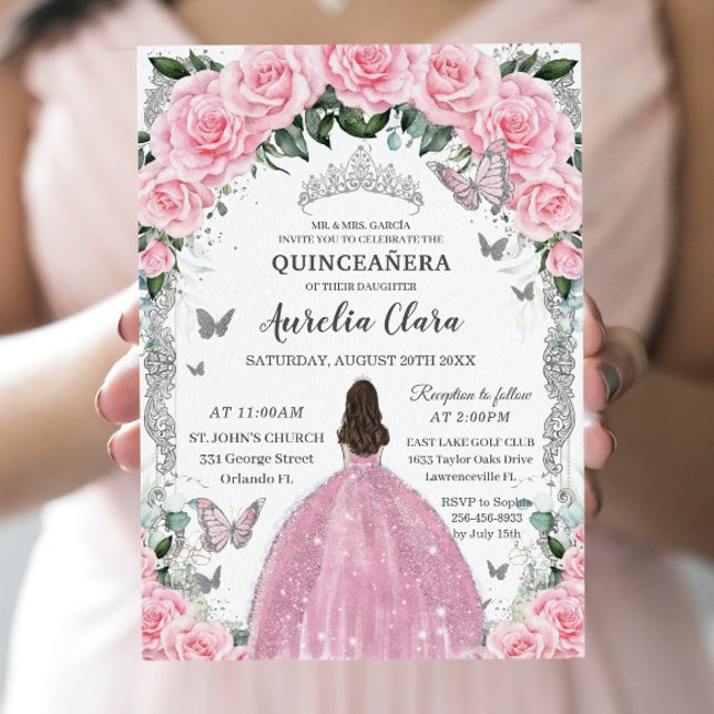Quinceañera Prinzessin Pink Vintages Silber Einladung (Von Creator hochgeladen)