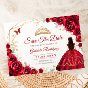 Quinceanera Prinzessin rote Rosen Gold Save The Date