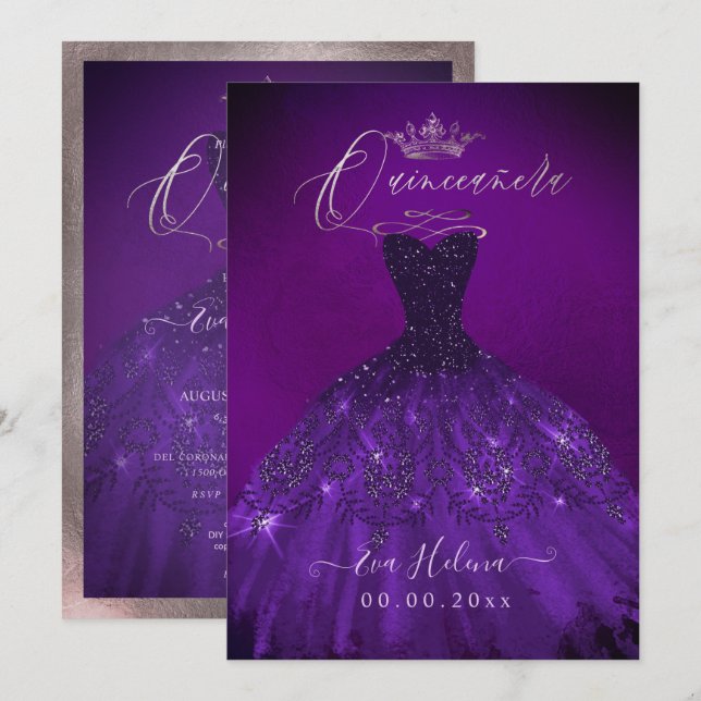 Quinceañera, Prinzessin Sparkle Gown Eggplant Einladung (Vorne/Hinten)