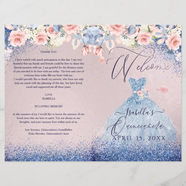 Quinceanera Programm Blush Glitzer der Blumenflott (Vorderseite)
