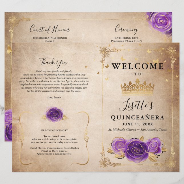Quinceanera-Programm für lila Lavendel- und Gold-R (Vorne/Hinten)