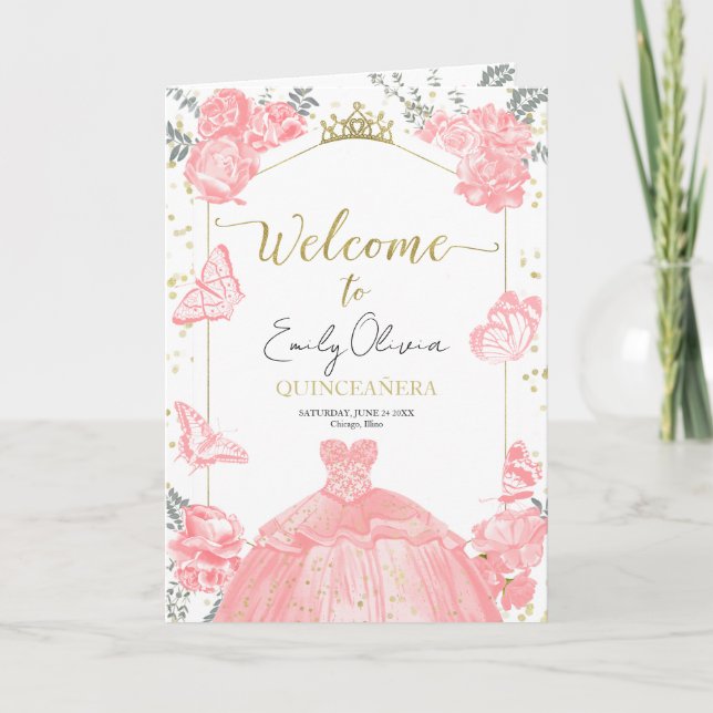 Quinceanera Programme Rosa Kleid Blumengestein Gol (Vorderseite)