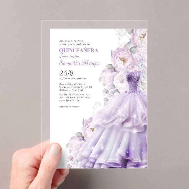 Quinceanera Purple Blumen Formal Ball Dress Acryleinladungen (Insitu (Handheld))