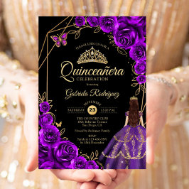 Quinceanera Purple Gold Butterfly Dress Floral Einladung