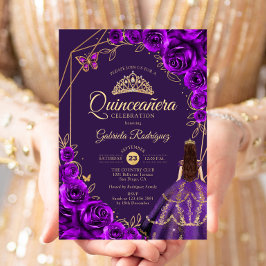 Quinceanera Purple Gold Dress Floral Einladung