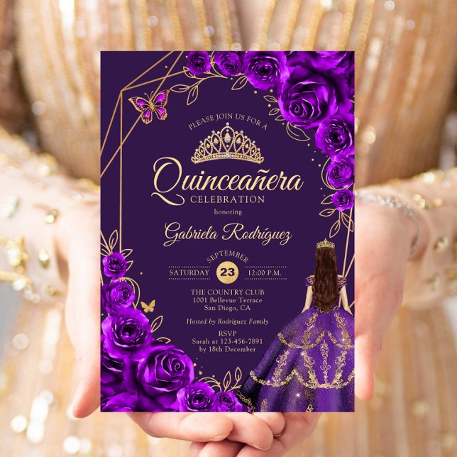 Quinceanera Purple Gold Dress Floral Einladung (Von Creator hochgeladen)