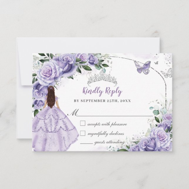 Quinceanera Purple Lavender Lilac Floral Princess RSVP Karte (Vorderseite)