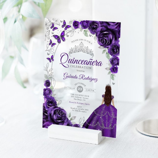 Quinceanera Purple Silver Floral Acryleinladungen (Von Creator hochgeladen)