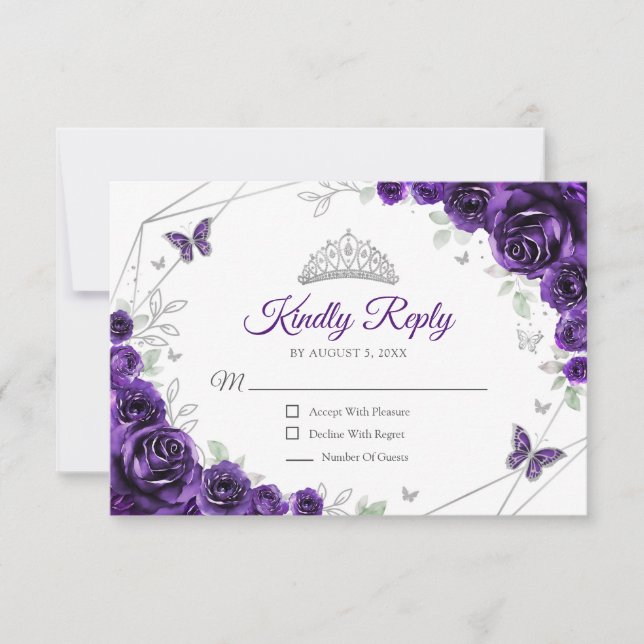 Quinceanera Purple Silver Floral Reply RSVP Karte (Vorderseite)