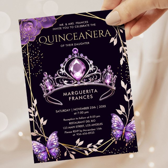Quinceañera Purple Tiara Floral Butterfly Elegant Einladung (Von Creator hochgeladen)