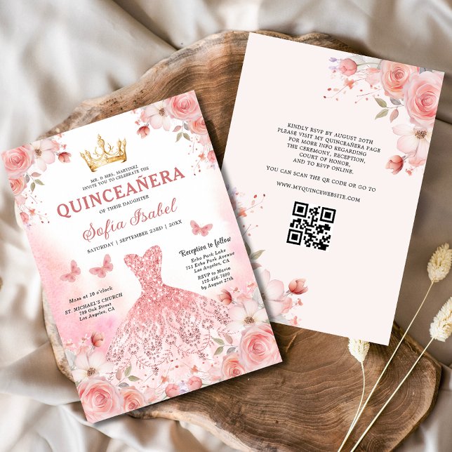 Quinceañera QR Code Rosa Rose Blüte Einladung (Von Creator hochgeladen)